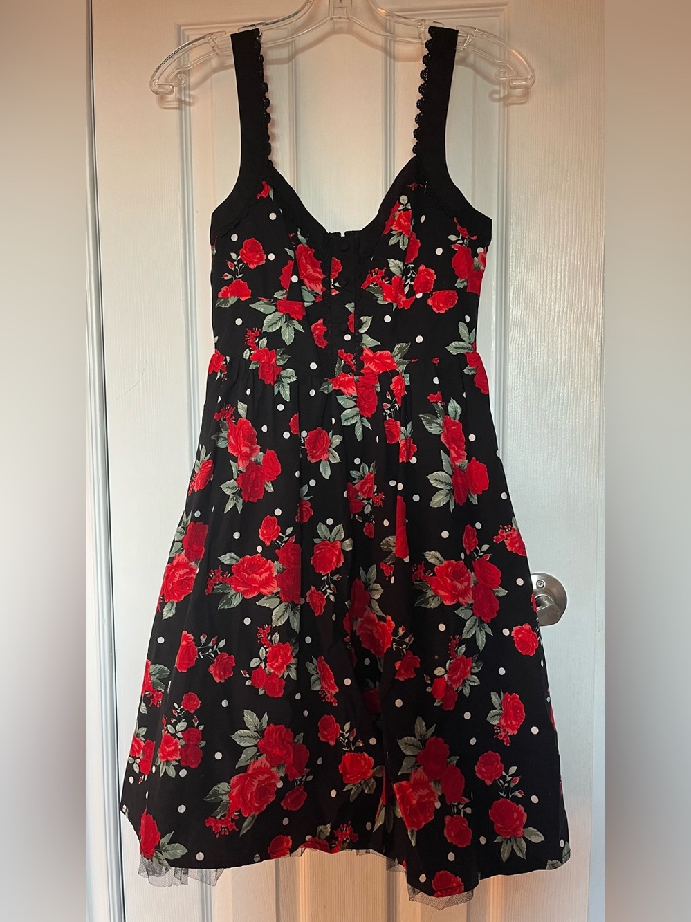 Hot Topic Black Dress with Red Rose Print and White Polka Dots